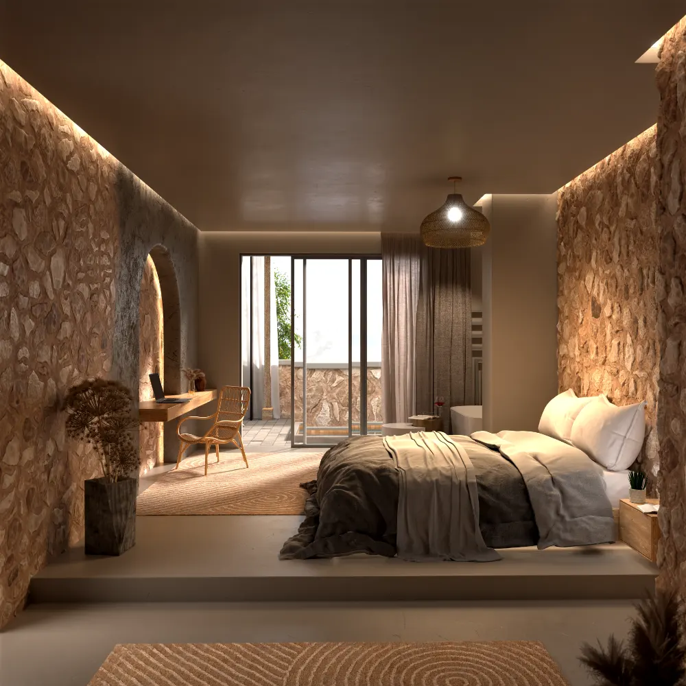 Mediterranean-inspired bedroom interior visualization with natural stone walls, soft lighting, and warm minimalist styling