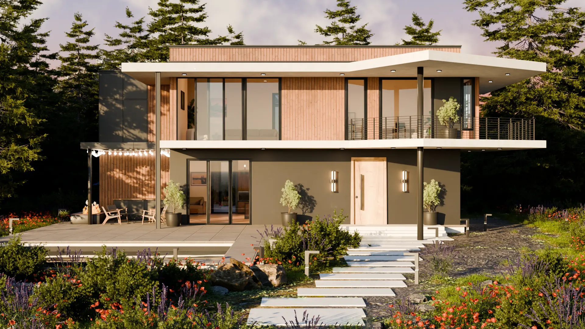 Modern luxury villa exterior architectural visualization with warm wood cladding, pool reflections, and day, sunset, and night render variations